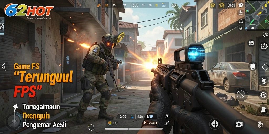 Tampilan intens pertempuran dalam gameplay FPS 62HOT.