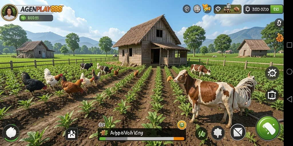 Tangkapan layar gameplay AGENPLAY88 dengan ladang yang subur dan tanaman berwarna-warni.