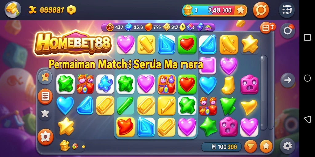 Tangkapan layar utama HOMEBET88 menunjukkan gameplay Match-3 yang memikat.